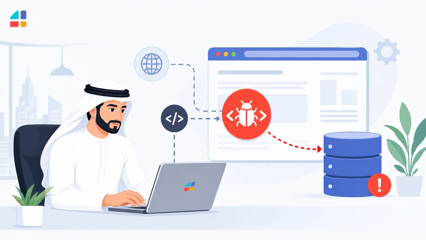 رجل بزي خليجي يفحص ثغرة WordPress مع أيقونة برمجية وتنبيه قاعدة بيانات