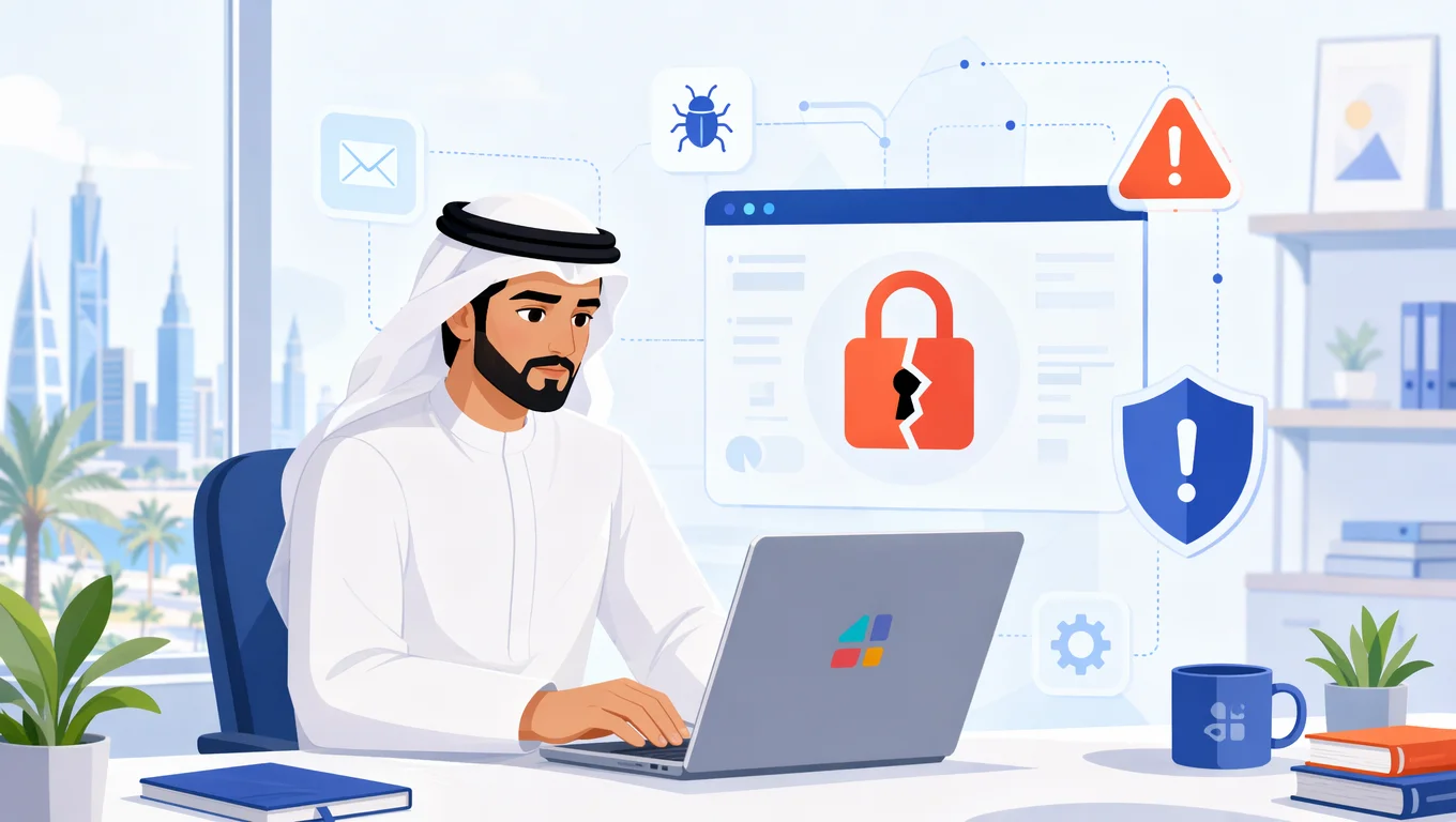 رسم توضيحي لخبير خليجي أمام حاسوب مع تحذير ثغرة أمنية في ووردبريس