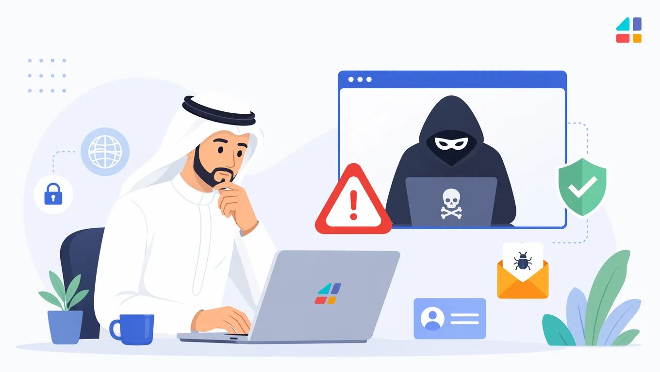رسم توضيحي لهجوم إلكتروني على موقع ووردبريس مع تحذير واختراق وحماية أمنية