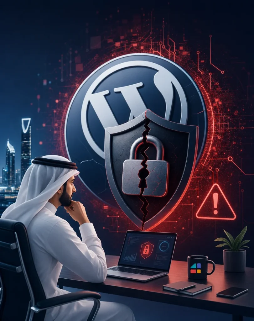 رجل سعودي يتفقد ثغرة أمنية خطيرة في ووردبريس على حاسوبه مع درع مكسور