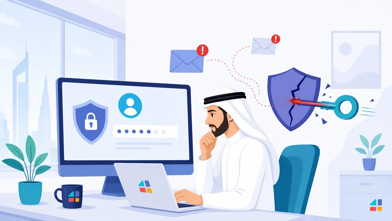 رجل سعودي يعمل على لابتوب ويواجه ثغرة أمنية في ووردبريس مع درع مكسور