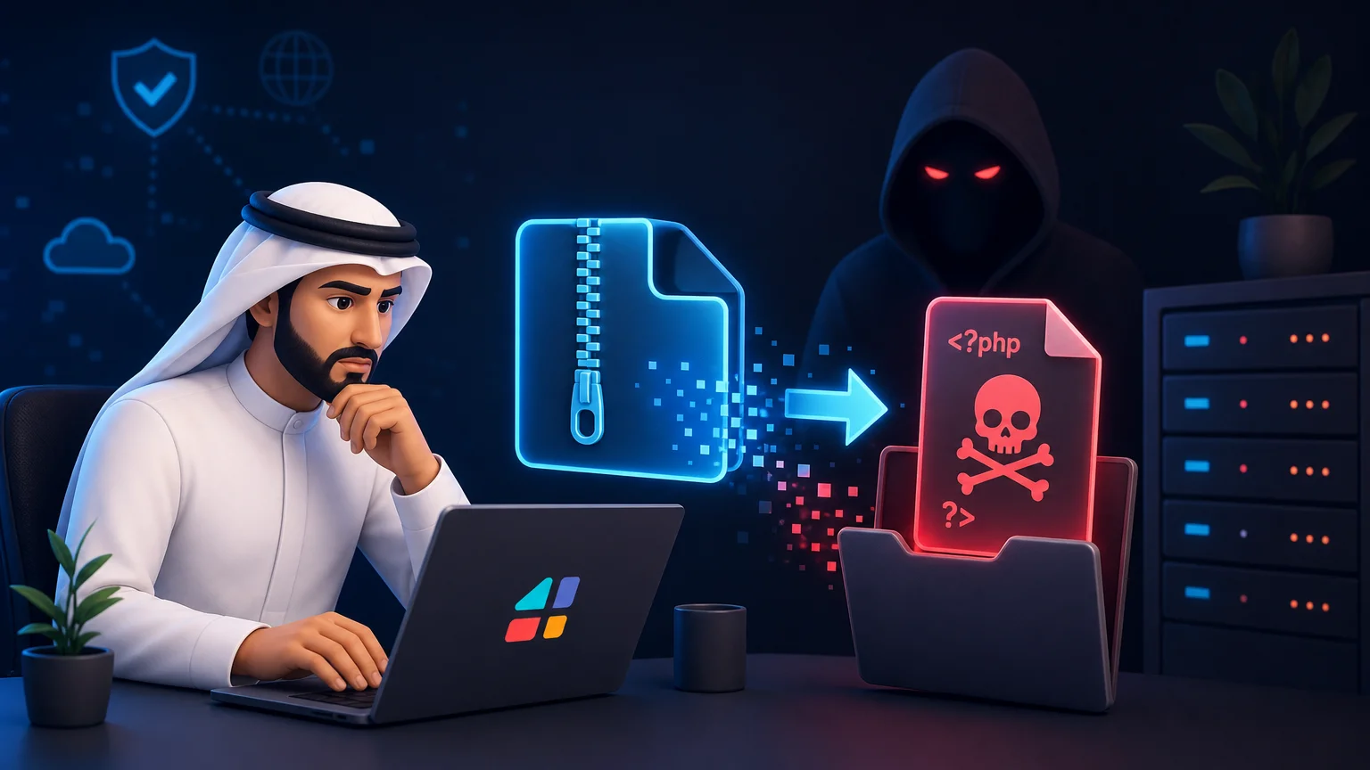 رسم يوضح ثغرة Betheme في ووردبريس تتيح رفع ملف PHP خبيث وتنفيذ أوامر