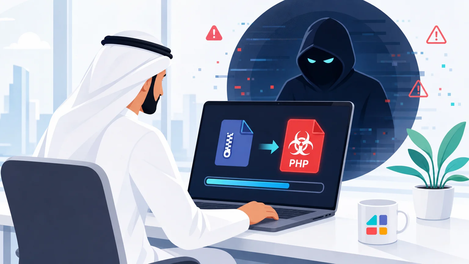 رسم يوضح ثغرة Betheme في ووردبريس تسمح برفع ملف ZIP وتحويله إلى PHP خبيث