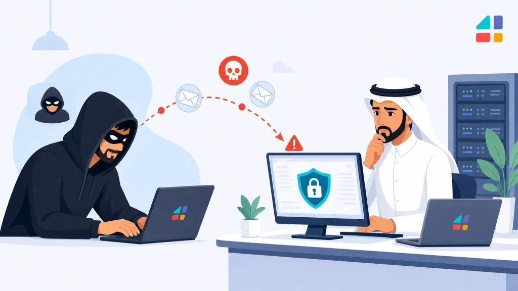 رسم يوضح مهاجماً إلكترونياً يستهدف مسؤولاً تقنياً، في سياق ثغرة Ollama الحرجة