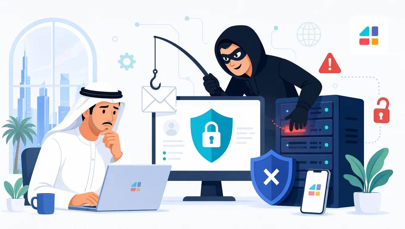 رجل إماراتي قلق يستخدم لابتوب أمام هجوم تصيد إلكتروني واختراق خادم Ollama