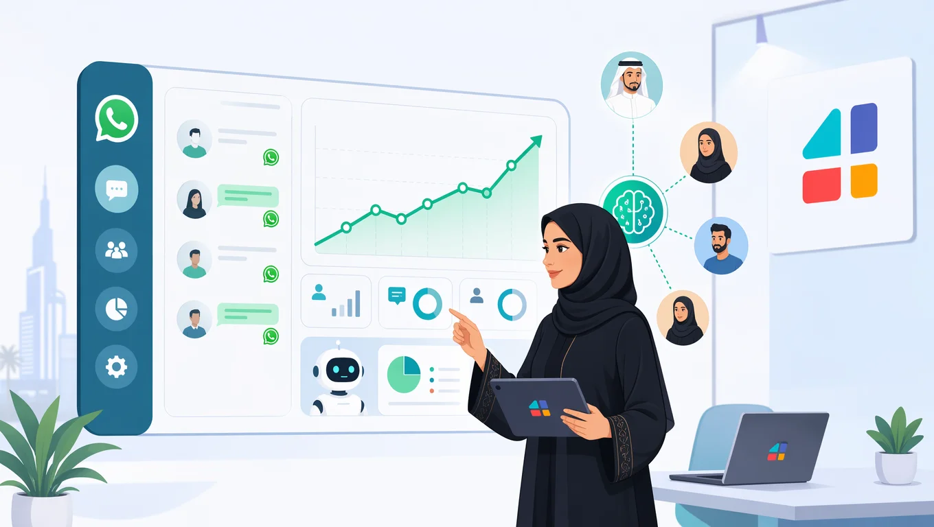 امرأة عربية تعرض لوحة تحكم واتساب أعمال مدعومة بالذكاء الاصطناعي لتحسين تجربة العملاء