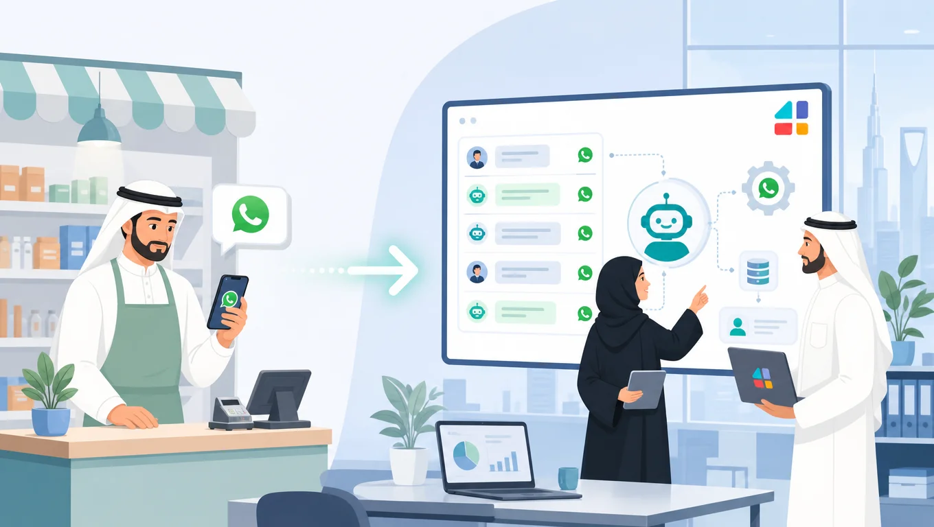 رسم توضيحي لتفعيل WhatsApp Business API يربط متجرًا بلوحة محادثات وأتمتة خدمة العملاء