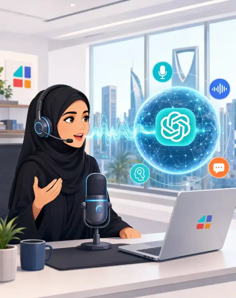 امرأة سعودية محجبة تستخدم واجهة الزمن الفعلي OpenAI للتفاعل الصوتي مع الذكاء الاصطناعي