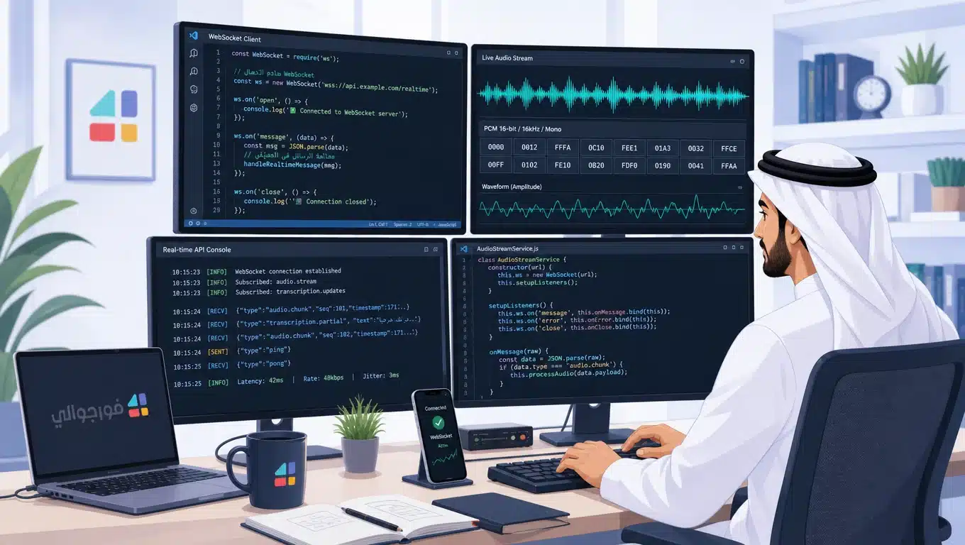 Developer coding with the OpenAI Realtime API to stream live audio over WebSocket