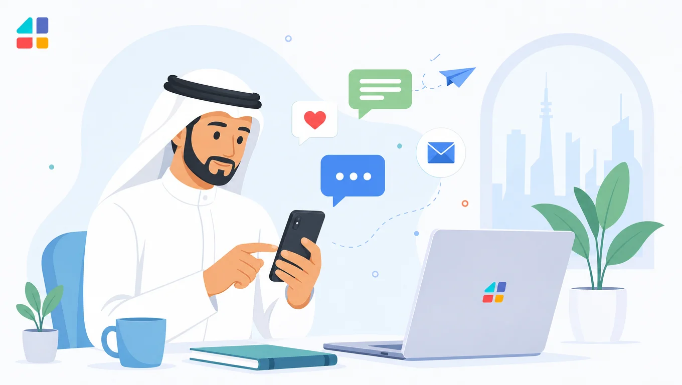 تصميم يوضح خدمات روازن الدولية للتجارة للرسائل النصية وحلول واتساب للأعمال