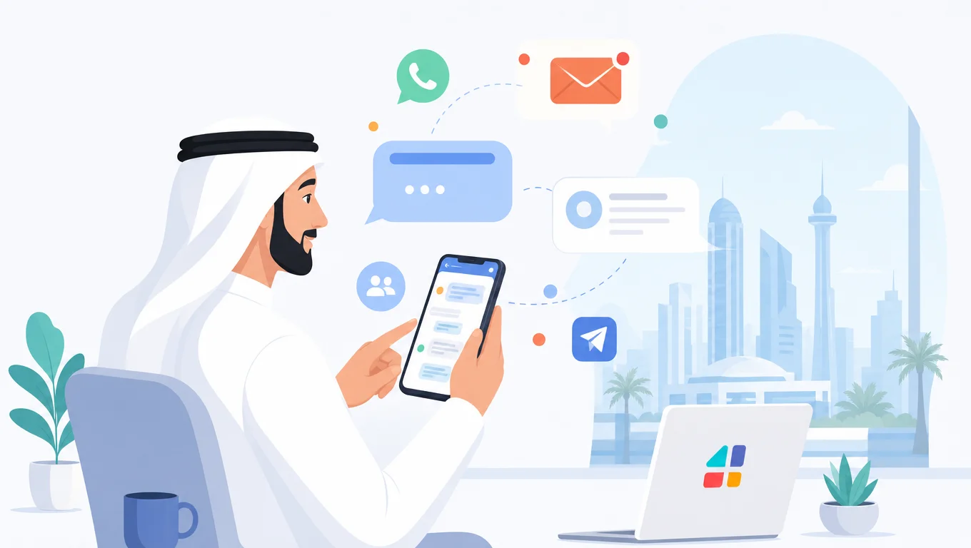 رجل خليجي يستخدم هاتفه لإرسال رسائل واتساب وبريد إلكتروني مع روازن الدولية للتجارة