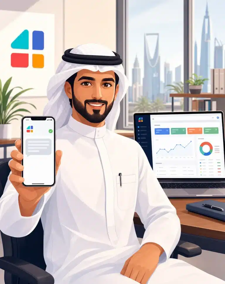 رجل سعودي يعرض تطبيق إرسال رسالة نصية باسم الشركة عبر منصة فورجوالي في مكتب حديث