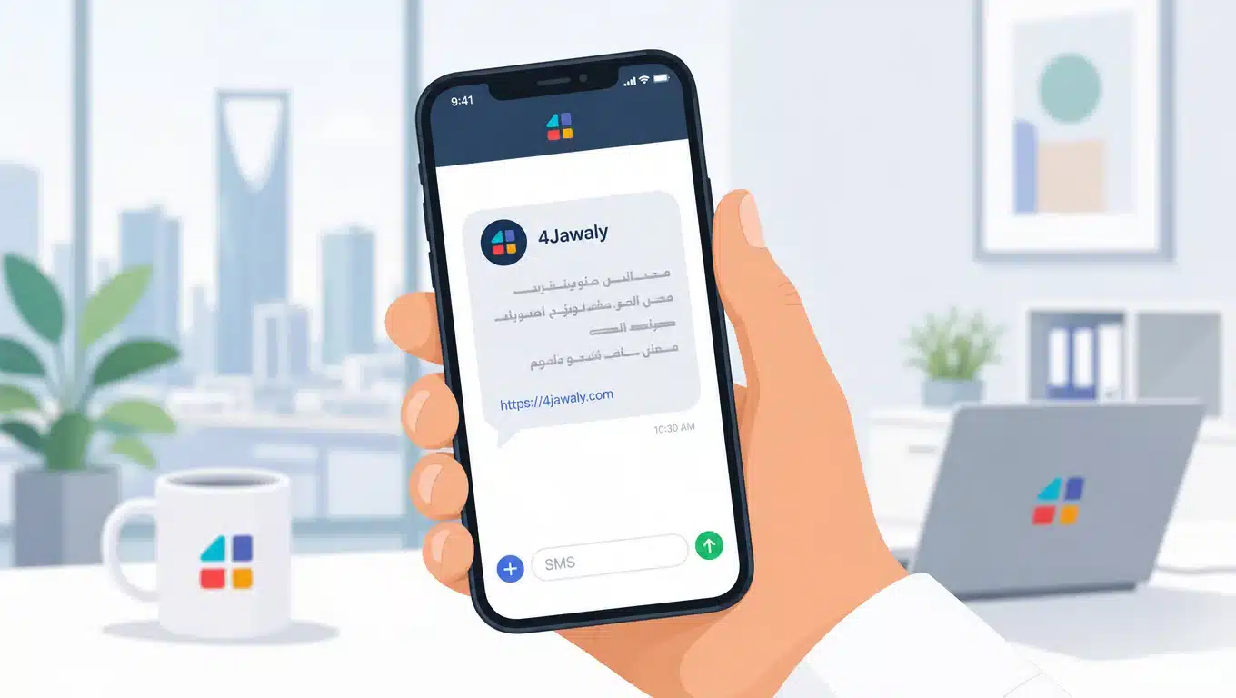 يد تحمل هاتف يعرض رسالة نصية باسم شركة فورجوالي مع رابط الموقع