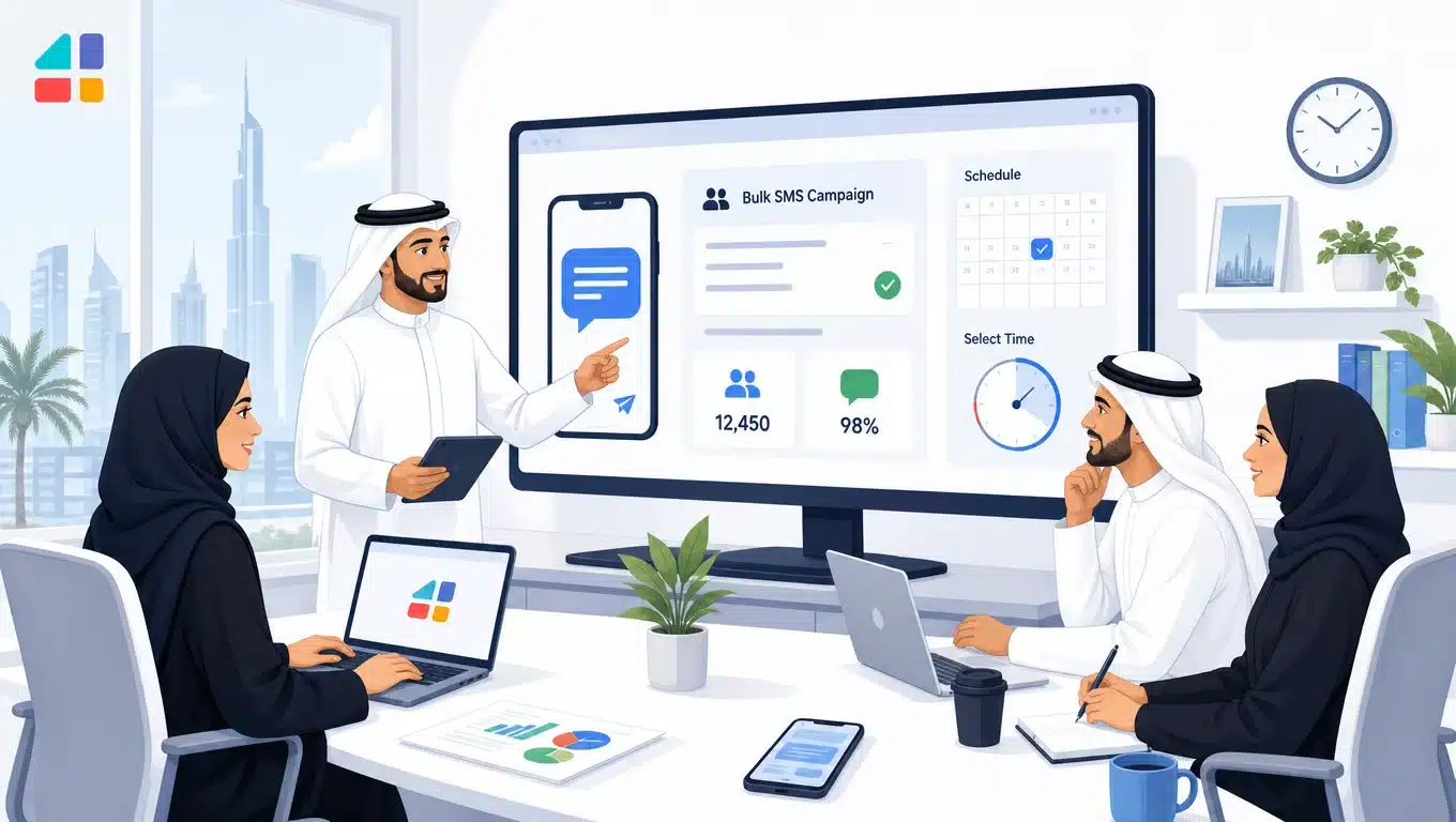 فريق عمل سعودي يناقش حملة رسائل نصية جماعية باسم الشركة عبر منصة فورجوالي