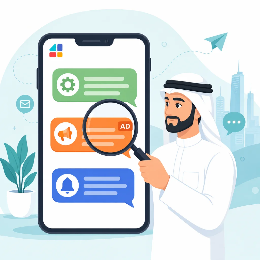 رجل سعودي يفحص رسائل اسم المرسل Sender ID على هاتف ذكي بعدسة مكبرة