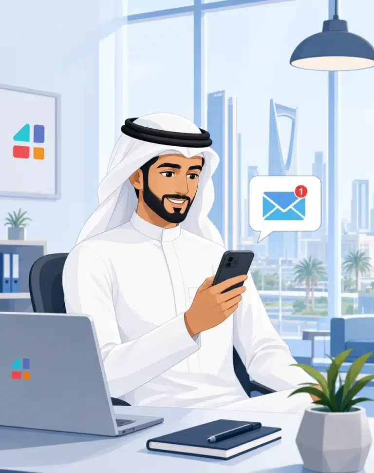 رجل أعمال سعودي يستلم إشعار رسالة نصية SMS على هاتفه في مكتب حديث بالرياض