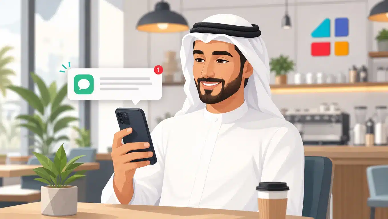 رجل خليجي يستقبل إشعار رسالة نصية SMS على هاتفه في مقهى عصري