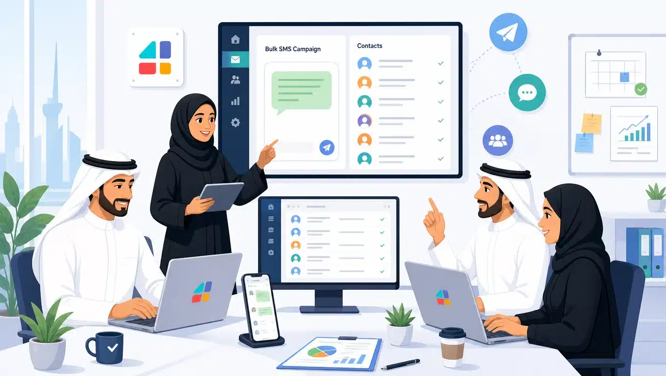 فريق عمل سعودي يدير حملة الرسائل النصية SMS الجماعية لعملاء الشركة عبر منصة تسويقية احترافية