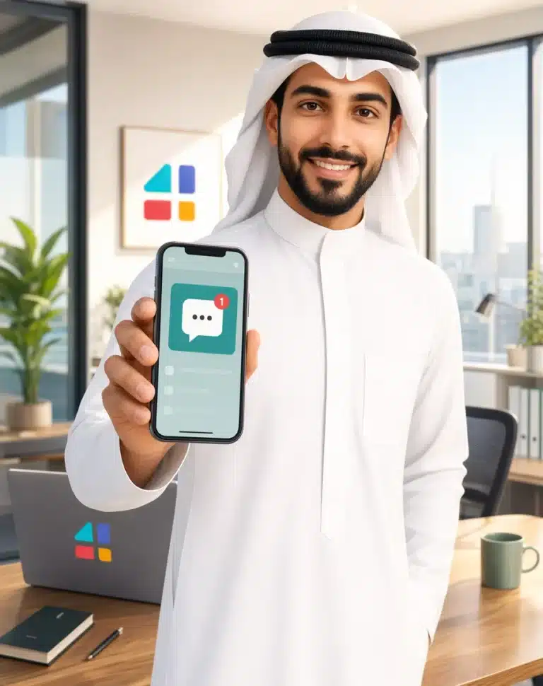 رجل سعودي بالزي التقليدي يعرض إشعار مسجات SMS على هاتفه الذكي في المكتب