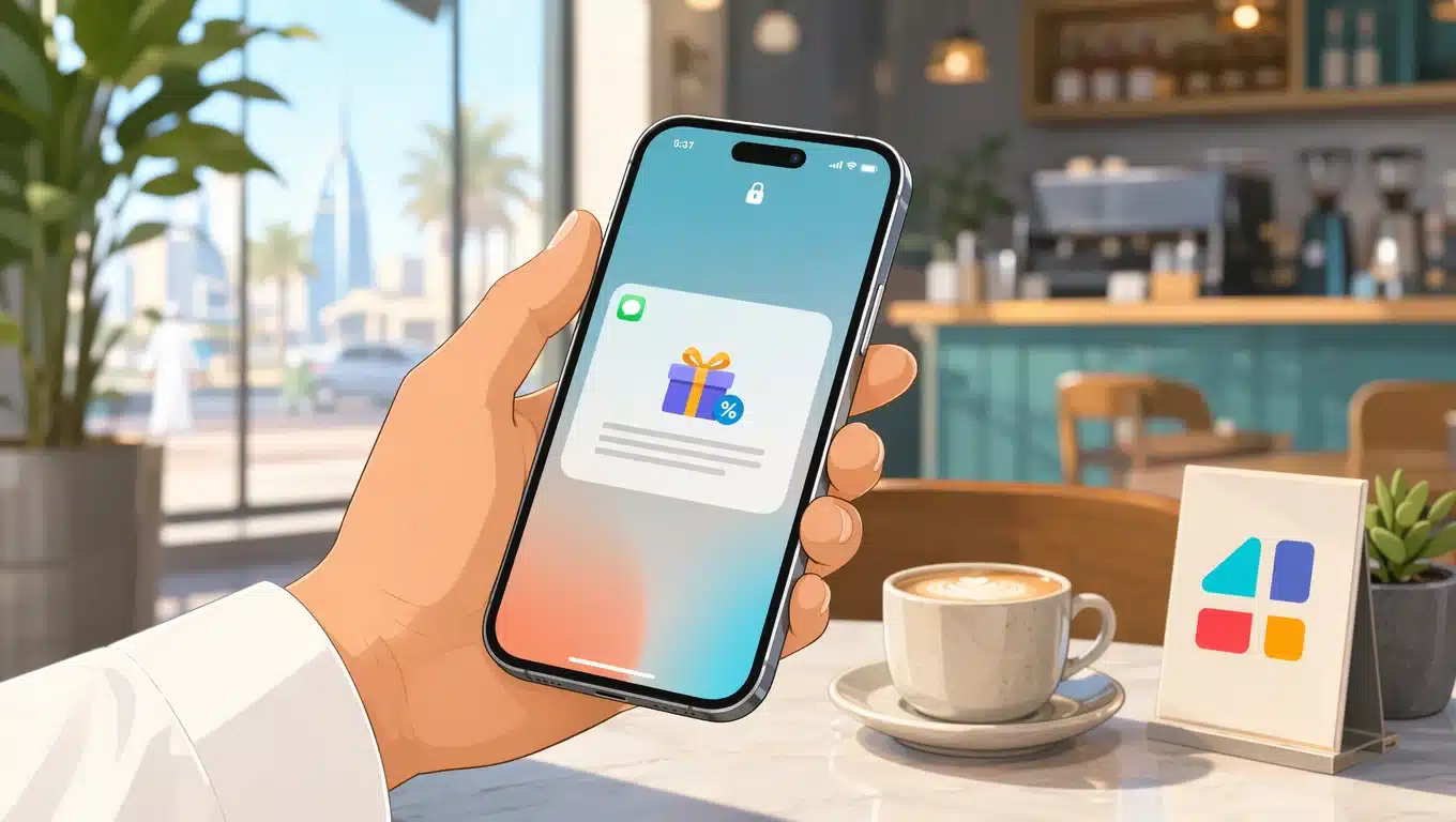 يد تحمل هاتف ذكي يعرض إشعار مسجات SMS ترويجية بعرض خصم في مقهى