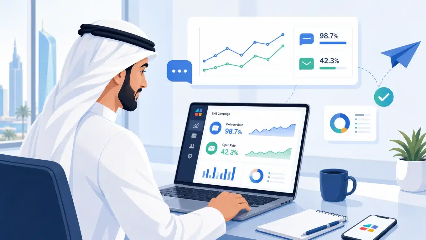 رجل خليجي يحلل نتائج حملة مسجات SMS على لوحة تحكم احترافية