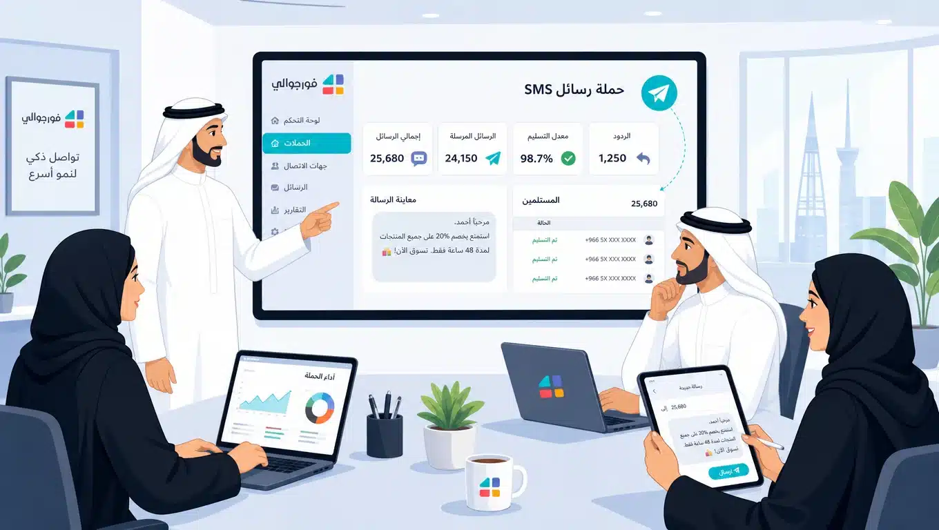 فريق تسويق سعودي يحلل نتائج حملة مسجات SMS على منصة فورجوالي بمعدل تسليم 98.7%
