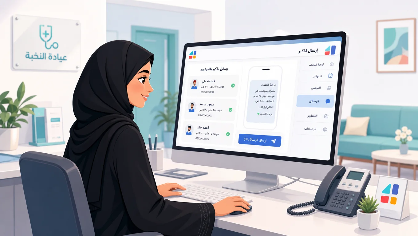 موظفة استقبال في عيادة النخبة ترسل تذكيرات الرسائل النصية للمرضى عبر نظام إدارة المواعيد