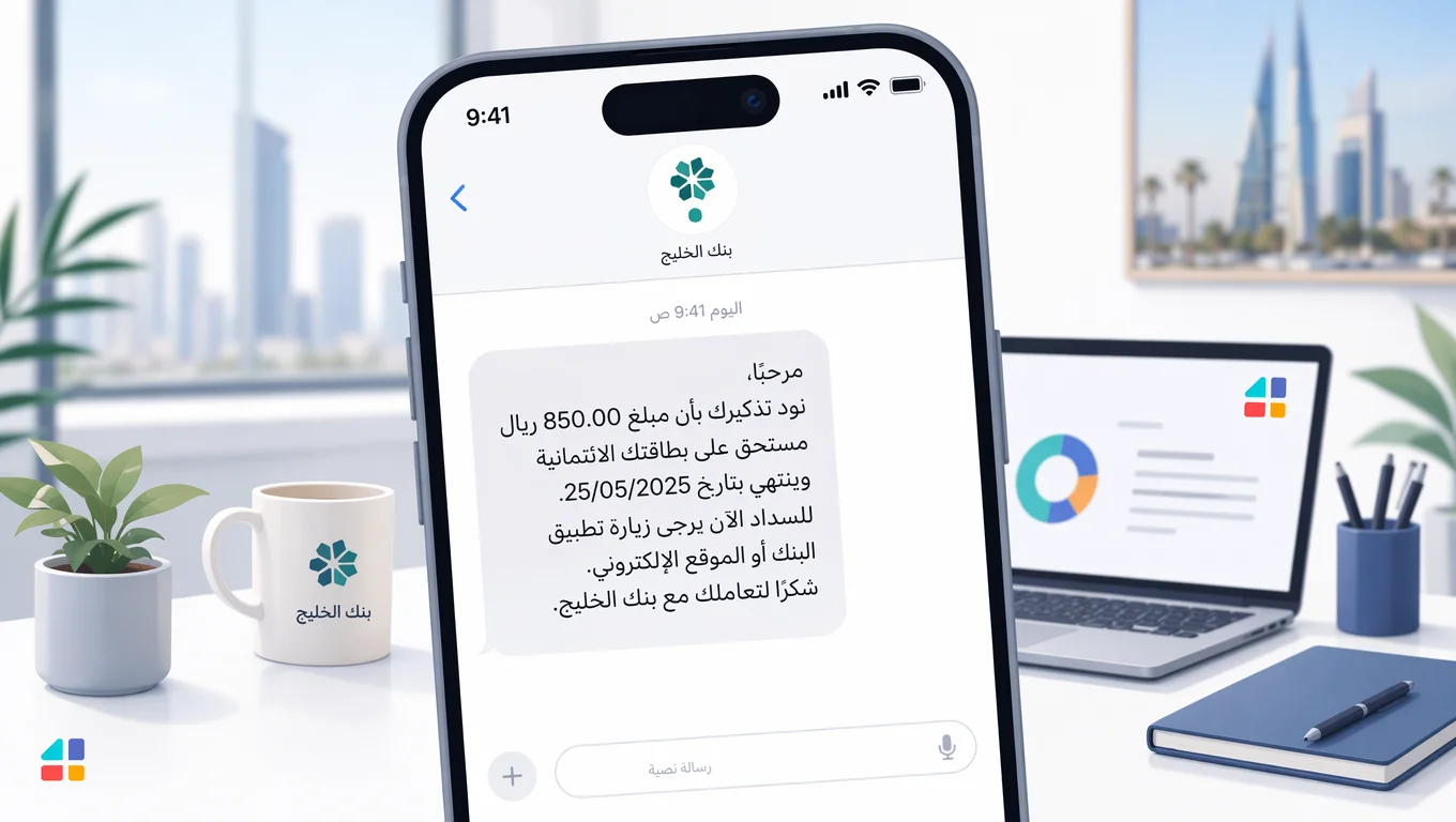 تذكير رسالة نصية من بنك الخليج على هاتف ذكي لسداد مستحقات البطاقة الائتمانية
