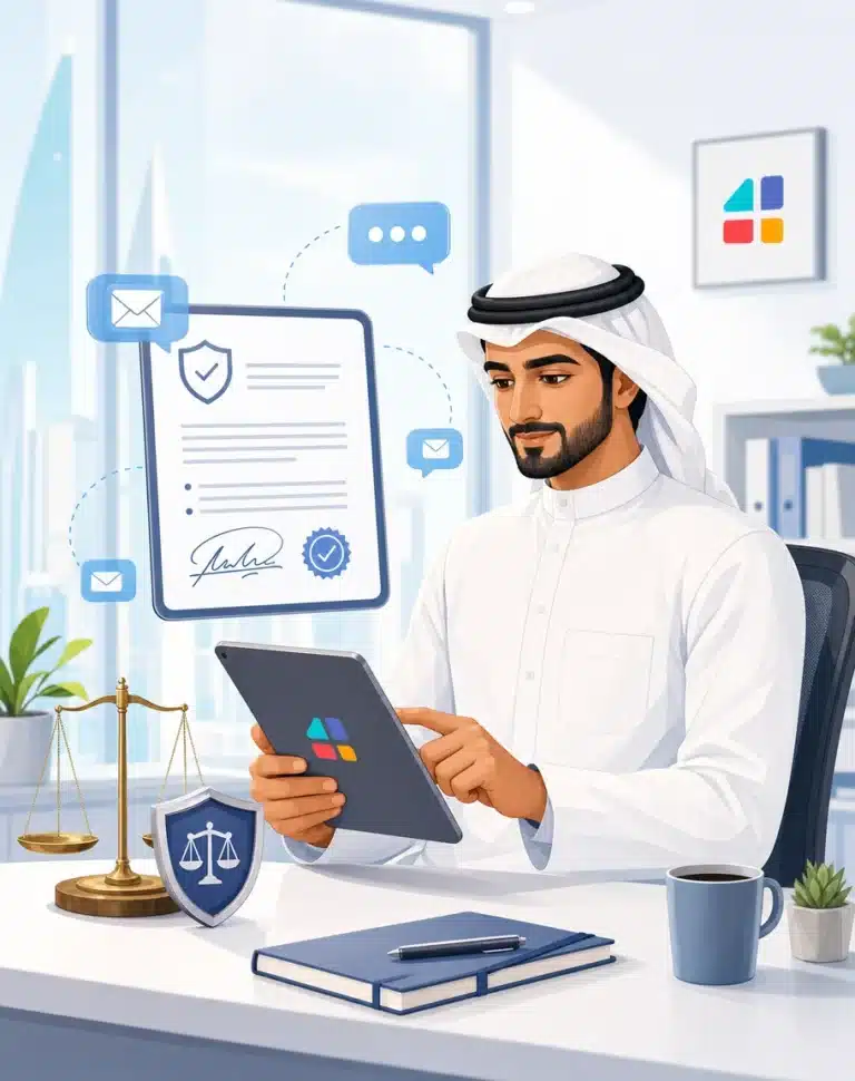 رجل أعمال سعودي يراجع شروط وأحكام الرسائل النصية القصيرة على جهاز لوحي في مكتب قانوني