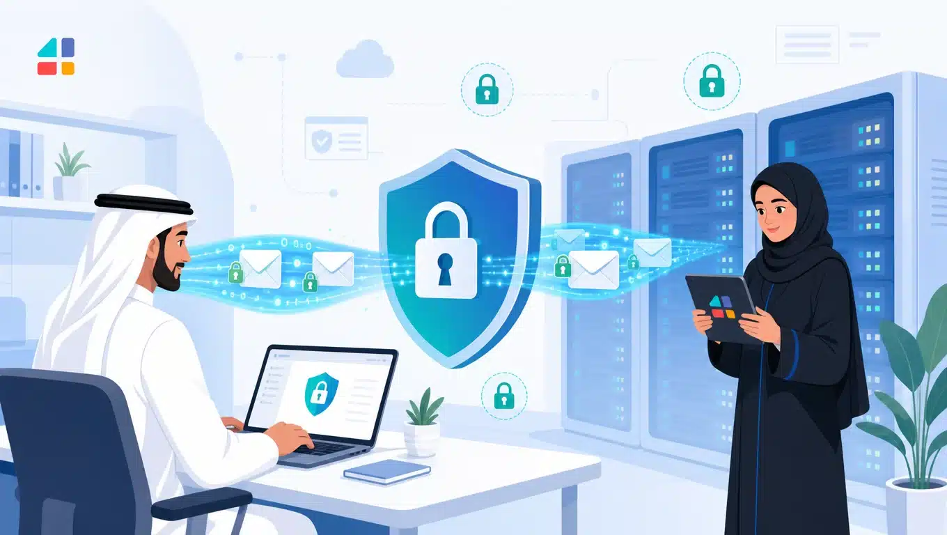 موظف سعودي وموظفة محجبة يطبقان شروط وأحكام الرسائل النصية وحماية البيانات في الشركة
