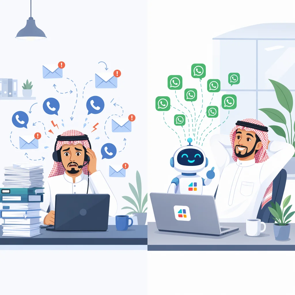 مقارنة بين موظف خدمة عملاء مرهق وآخر مرتاح يستخدم روبوت دردشة ذكي على واتساب