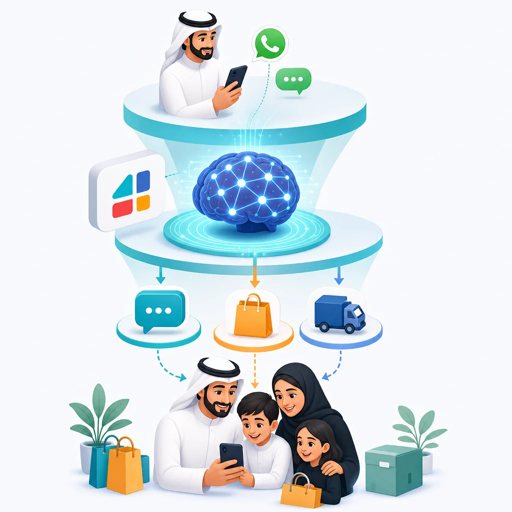 رسم توضيحي لروبوتات الدردشة على واتساب وذكاء اصطناعي يخدم عائلة خليجية في التسوق