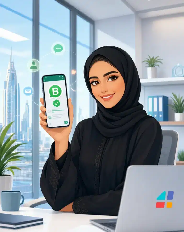 سيدة أعمال محجبة تعرض تطبيق واتساب المؤسسي على هاتفها في مكتب عصري بدبي