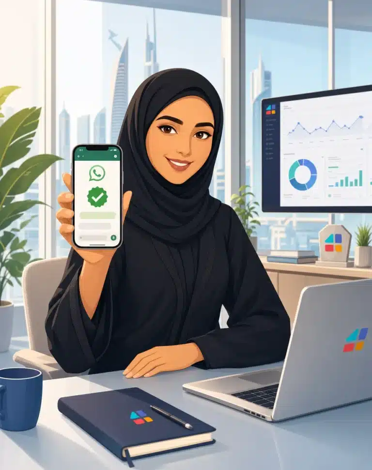 سيدة أعمال محجبة تعرض واتساب المؤسسي الموثق على هاتفها في مكتب عصري