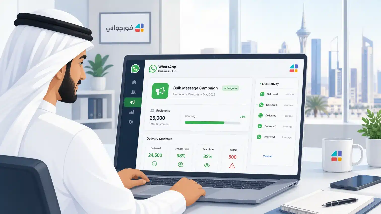 رجل أعمال سعودي يستخدم واتساب المؤسسي لإرسال حملة رسائل جماعية لـ 25000 عميل