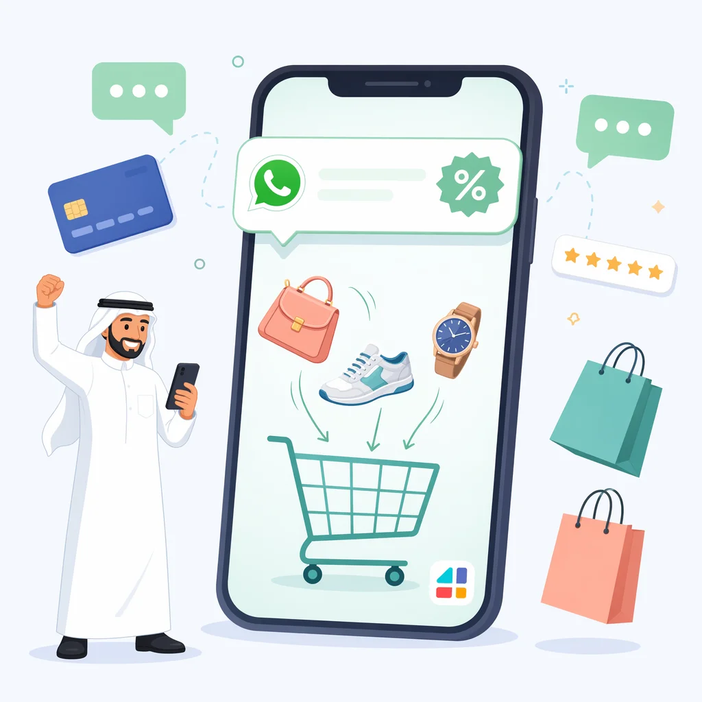 رجل سعودي يستخدم واتساب للأعمال للتسوق الإلكتروني عبر الهاتف مع منتجات وسلة شراء