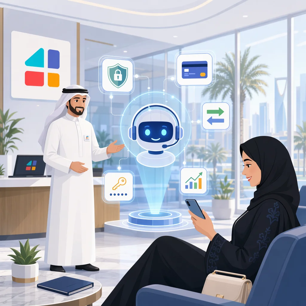 شات بوت واتساب للأعمال يقدم خدمات مالية آمنة لعميلة عبر الهاتف في بيئة مكتبية خليجية
