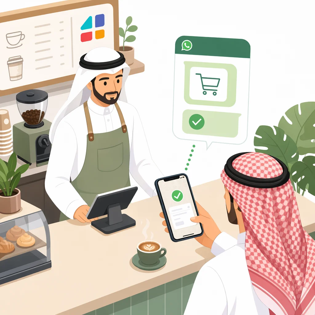 عميل سعودي يدفع عبر واتساب بزنس في مقهى باستخدام الدردشة والهاتف الذكي