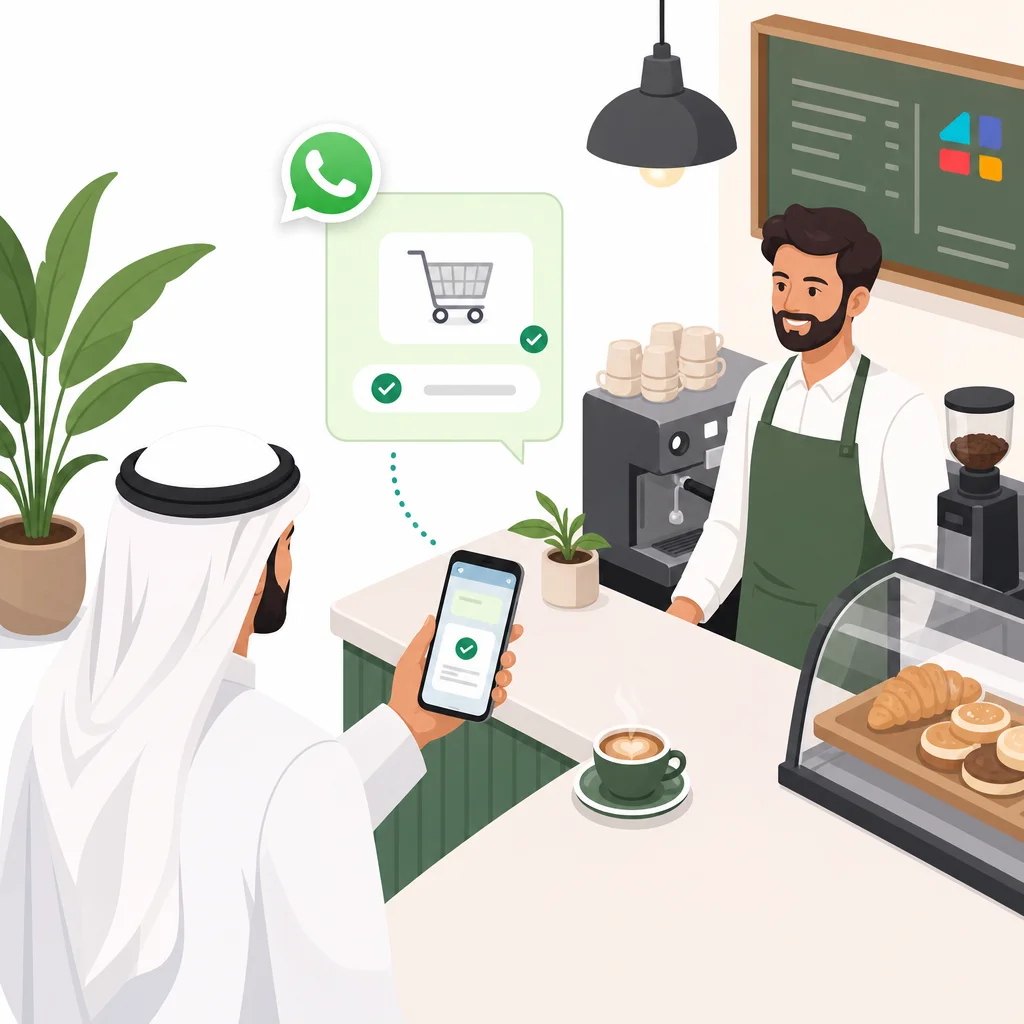 عميل سعودي يستخدم واتساب للأعمال لطلب القهوة والدفع من مقهى عصري