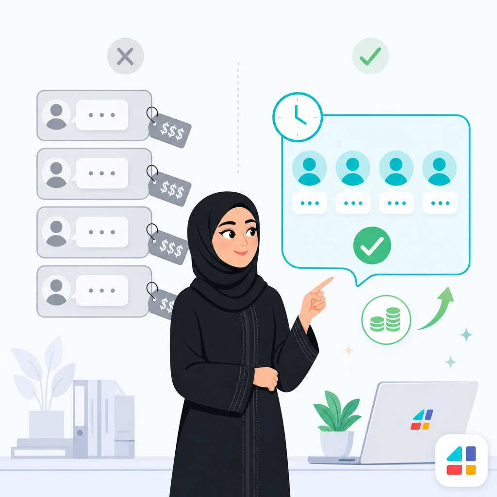 رسم توضيحي يقارن بين تسعير رسائل واتساب للأعمال الفردية المكلفة ونموذج المحادثات الجماعية الموفر للتكاليف