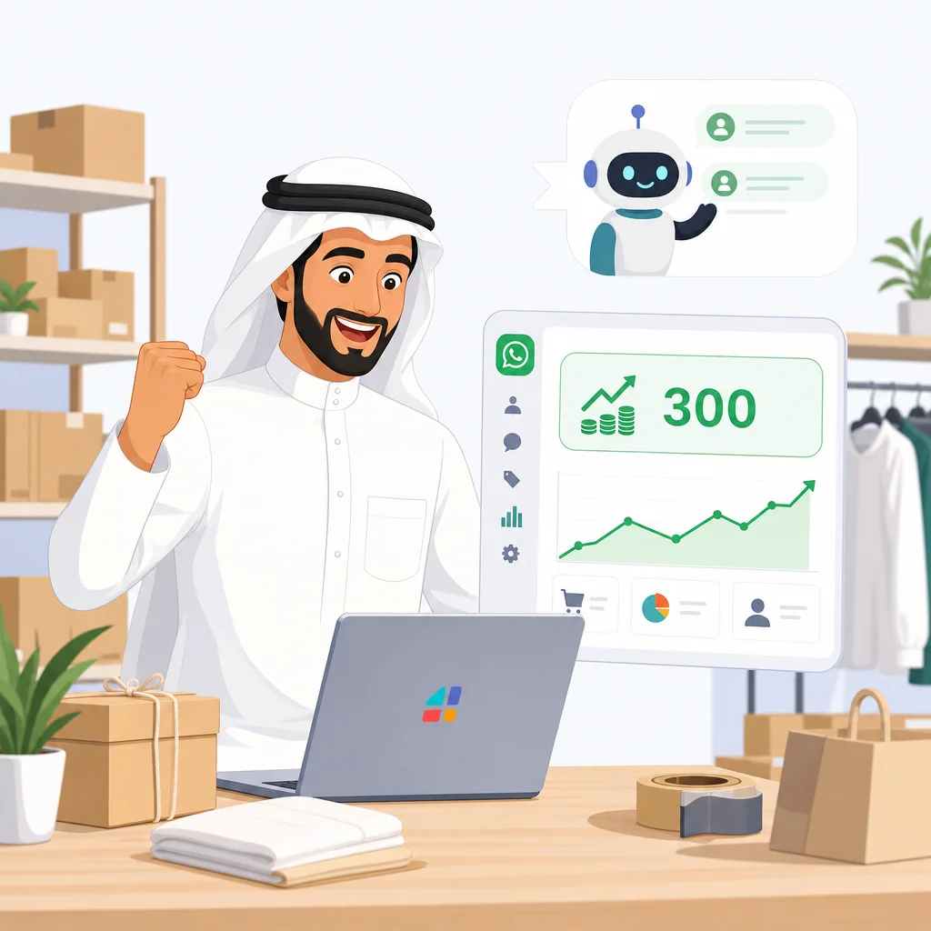 تاجر سعودي يحتفل بزيادة أرباح متجره الإلكتروني عبر واتساب للأعمال مع روبوت ذكي