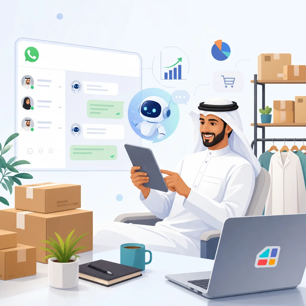 رجل أعمال سعودي يستخدم واتساب بزنس مع روبوت ذكاء اصطناعي لإدارة متجر إلكتروني