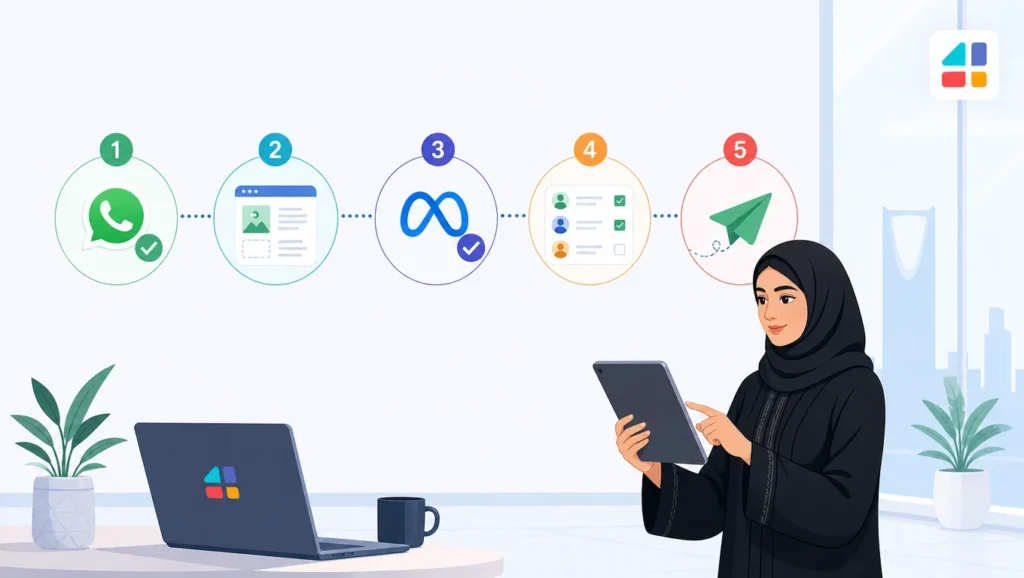 خطوات إرسال رسائل واتساب أعمال عبر ميتا وفورجوالي بخمس مراحل توضيحية