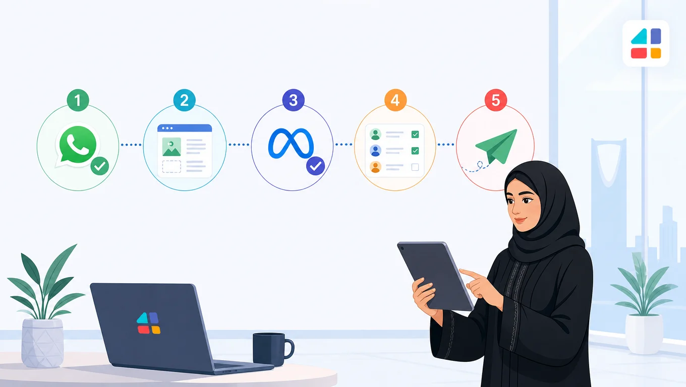 خطوات إرسال رسائل واتساب أعمال عبر ميتا وفورجوالي بخمس مراحل توضيحية