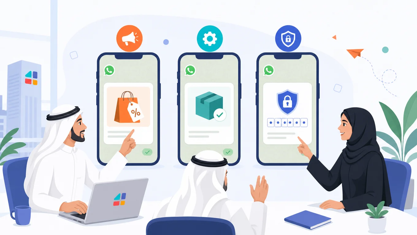 فريق أعمال سعودي يناقش إرسال رسائل واتساب أعمال للتسويق والشحن والأمان