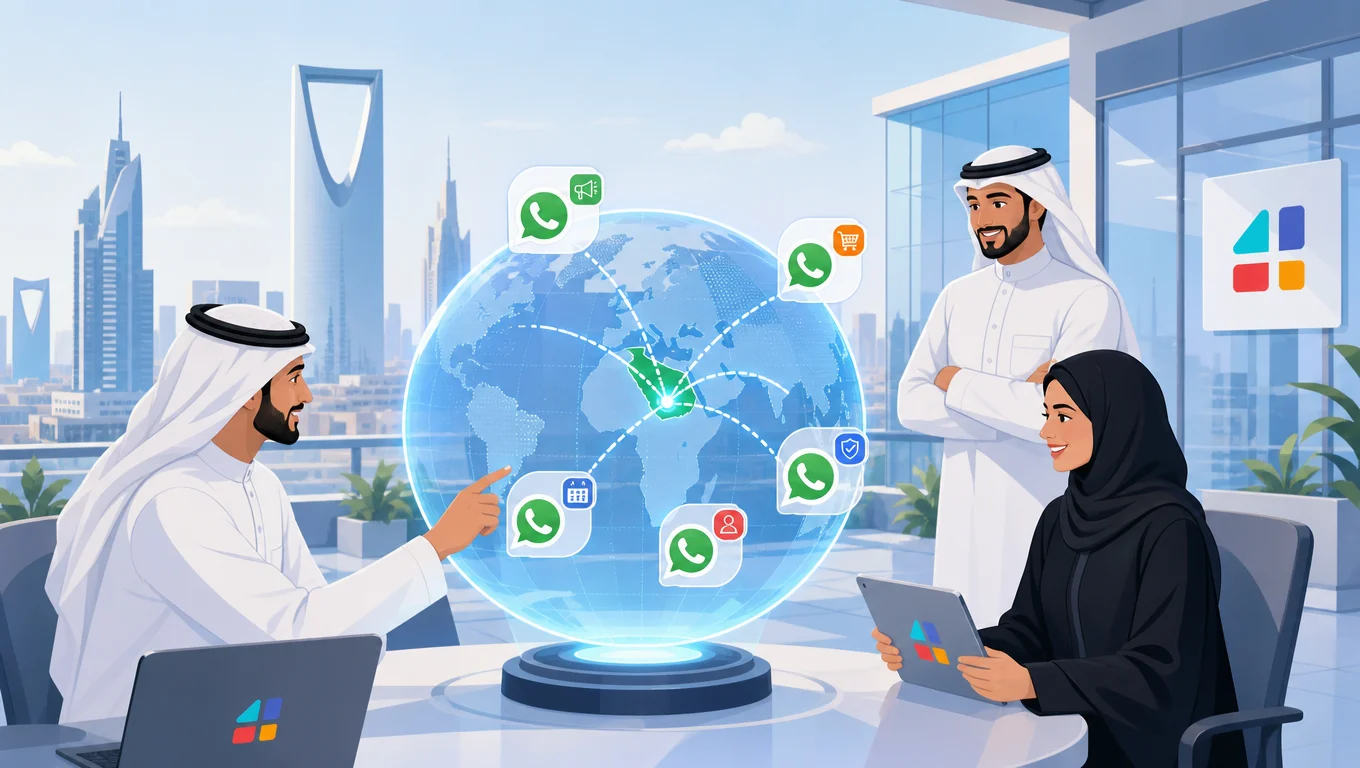 رجال أعمال سعوديون يناقشون حد الإرسال في واتساب أعمال مع خريطة عالمية تفاعلية