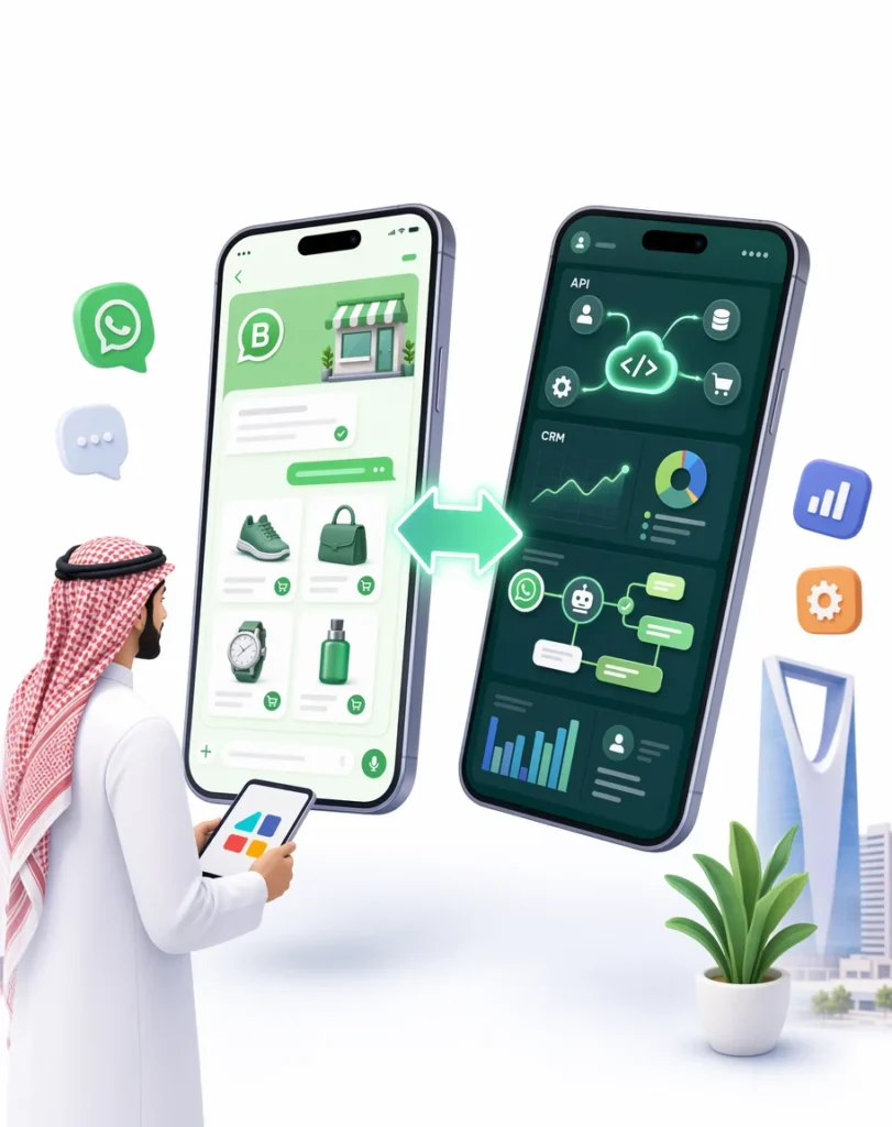 رجل أعمال سعودي يقارن بين واتساب بيزنس العادي وواتساب أعمال الرسمي API