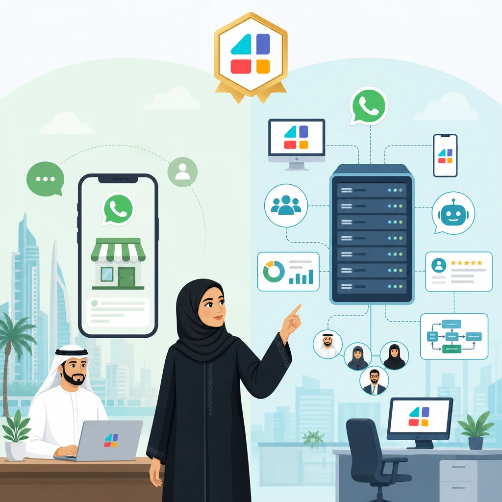 رسم يوضح الفرق بين واتساب بيزنس العادي وواتساب أعمال الرسمي API للشركات