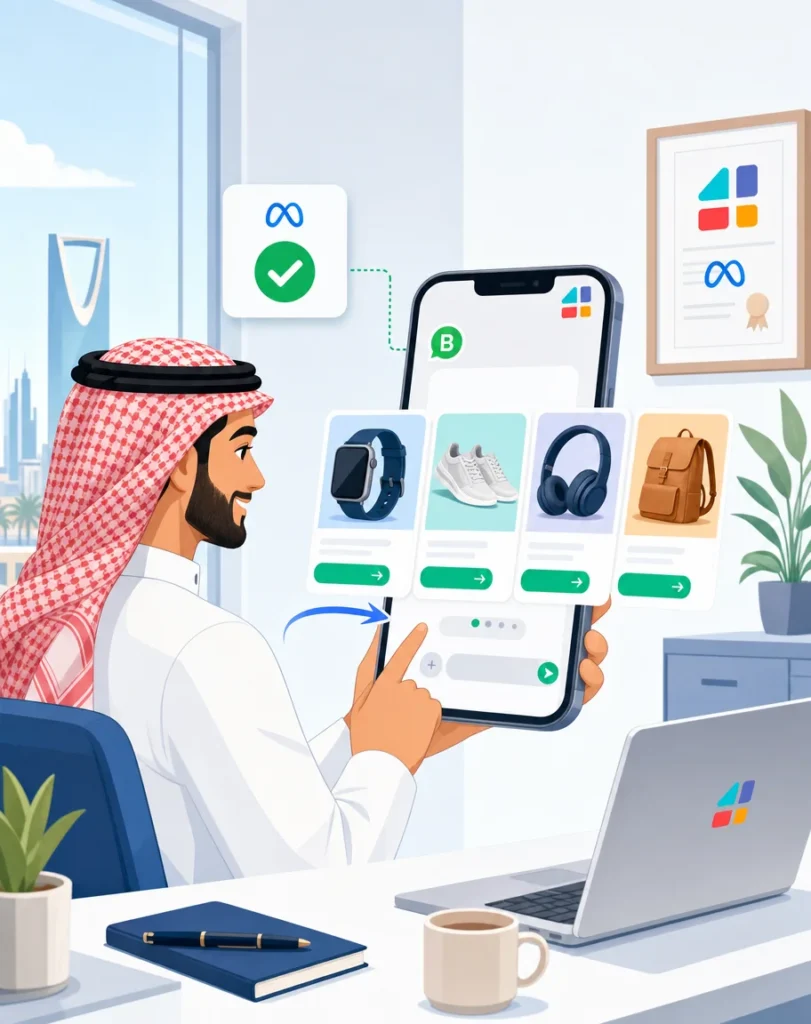 رجل سعودي يستعرض قوالب الارسال المتعددة البطاقات لمنتجات واتساب على الهاتف