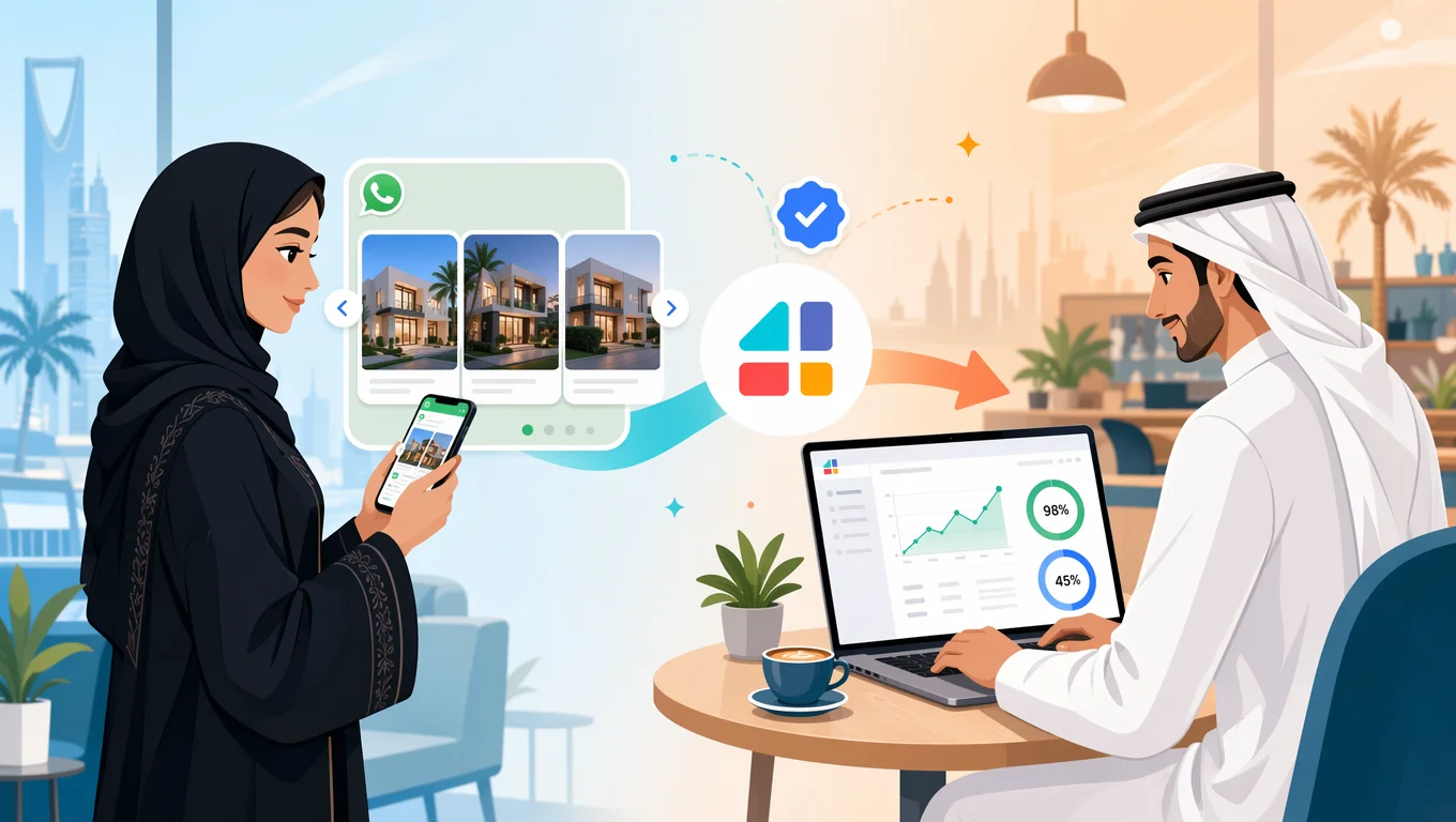 رسم توضيحي لقوالب واتساب متعددة البطاقات تربط عميلة عقارات بلوحة تحليلات فورجوالي